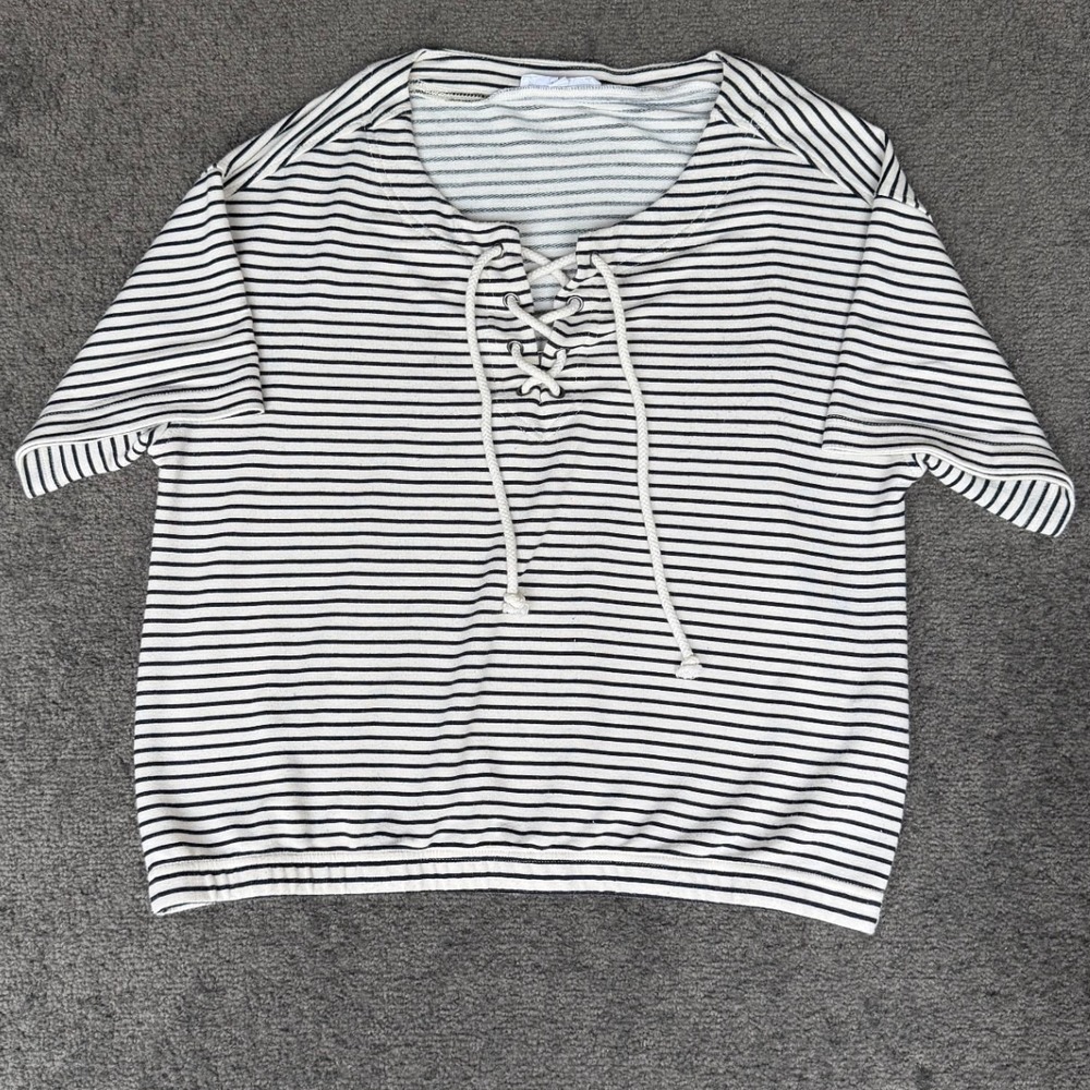 Jane + Delancey Womens Striped Lace Up Short Sleeve Top Black White Size M